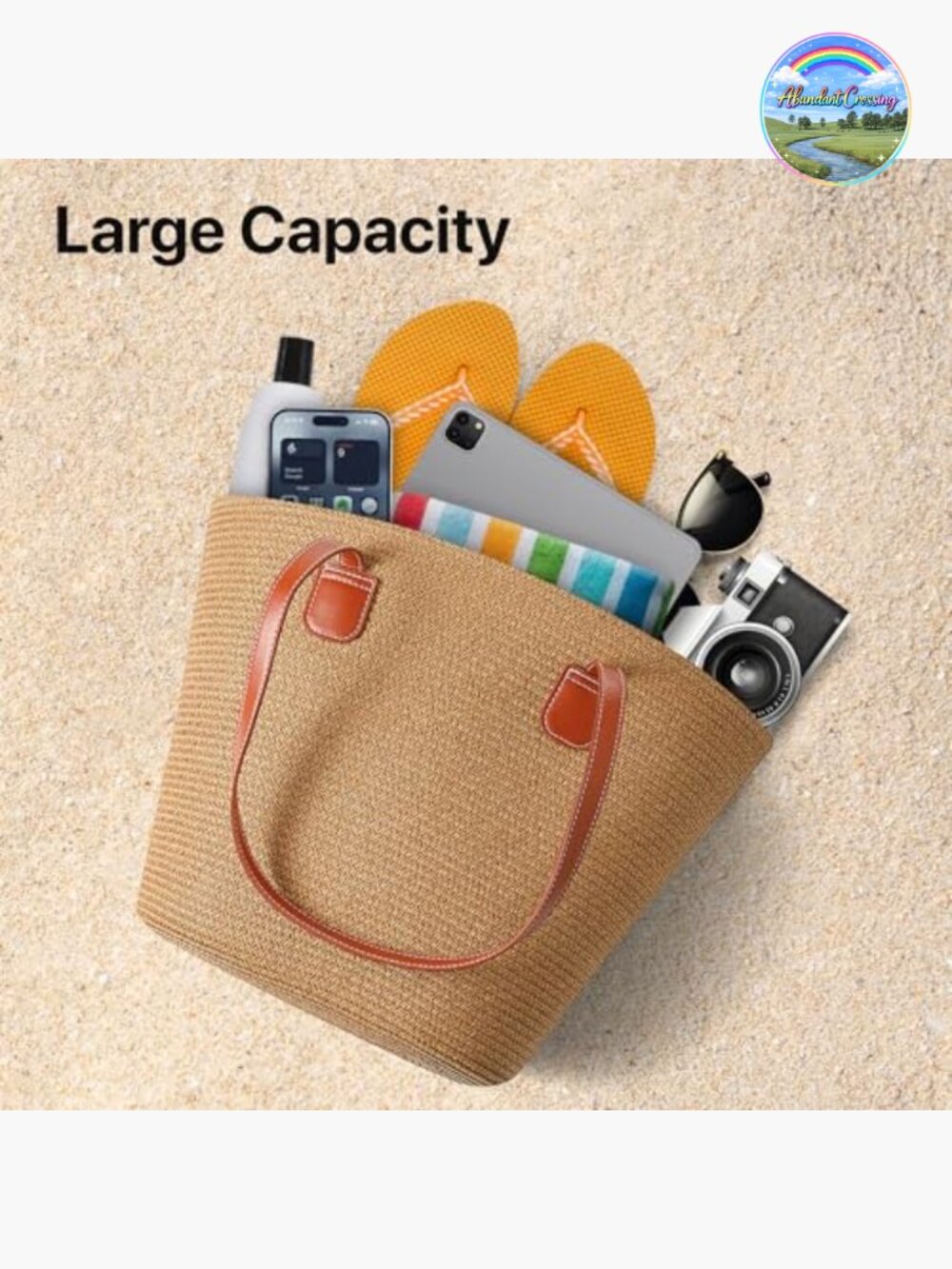 Handwoven Straw Tote Bag with Zipper Closure, Shoulder Strap, Travel Beach Bag - Picture 3 of 5